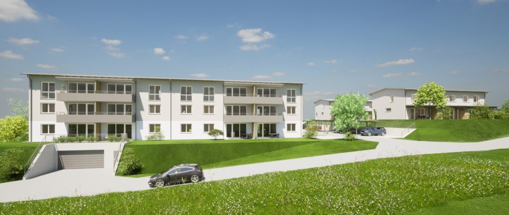 Rendering eines modernen Wohnkomplexes in Senftenbach mit drei Etagen